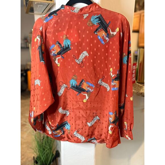 Diane Von Furstenberg Vintage Flapper Girl On Piano Silky Orange Blouse Sz M - Picture 6 of 6